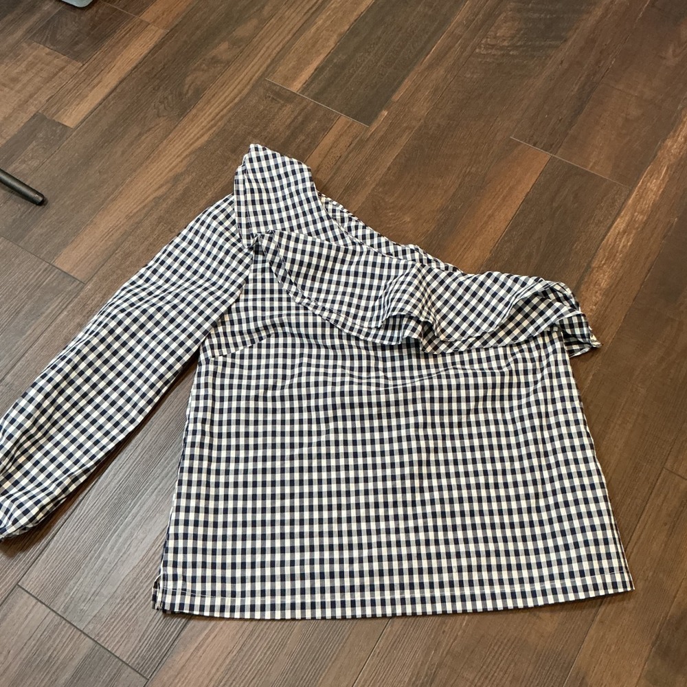 J.Crew Gingham One Shoulder Ruffle Top Navy White Cotton H0857 Size 6 NEW